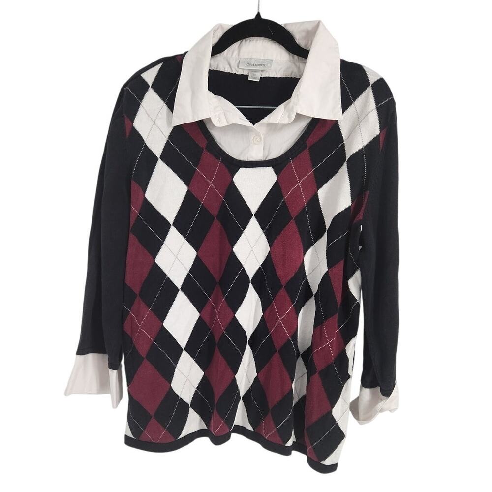 Dressbarn Navy Blue Academia 3/4 Sleeve Argyle Print Top Womens Plus Size 1X